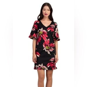 Trina Turk Lounge Festive Floral Faille Ruffled Hem Shift Dress